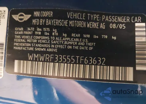 2005 Mini Cooper from USA, damaged, VIN WMWRF33555TF63632